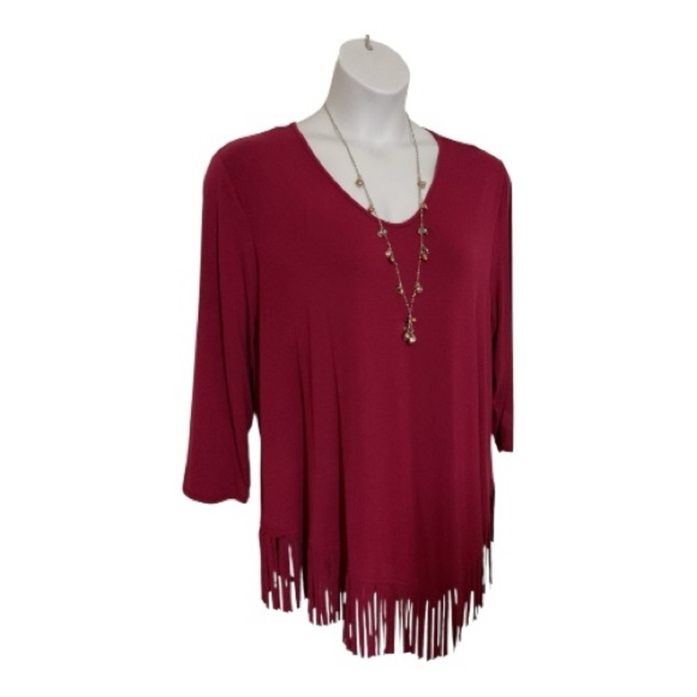 Investments Maroon Fringe Tunic 2X Boho Flowy Top Fringe Hem